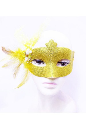 Sim işlemeli inci Boncuk Detaylı Tüylü Balo Maskesi Altın Renk 13x18 Cm