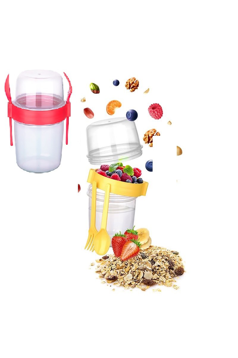 Çift Hazneli - Çatal Kaşıklı Portatif Müsli -atıştırmalık Kabı 800 Ml